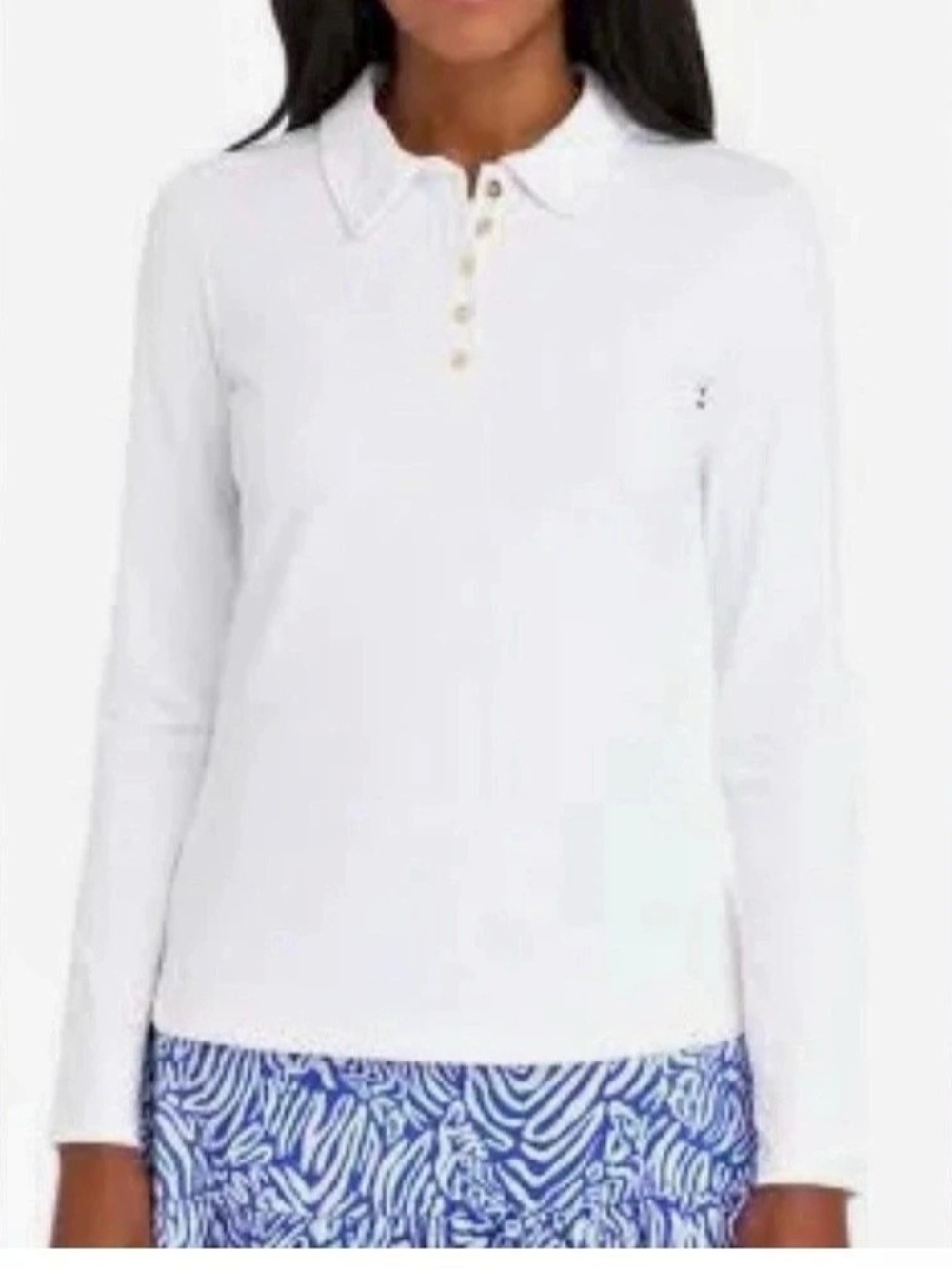 NWT Lilly Pulitzer Frida Scalloped Long Sleeve Polo UPF 50+ Resort White Size Sm